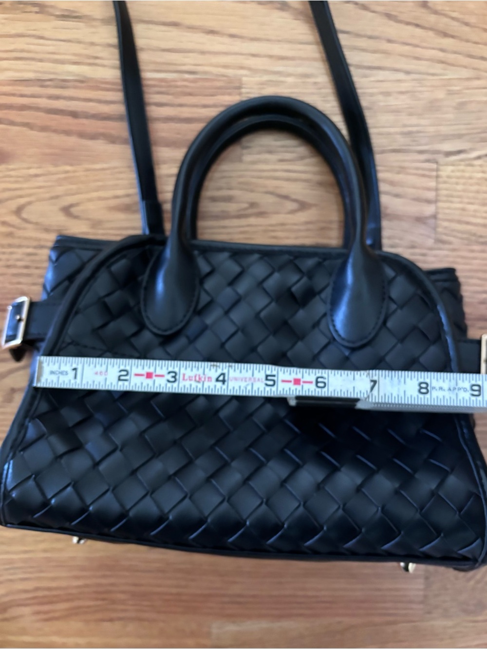 Woven Faux Leather Satchel Top Handle Crossbody Bag Black Minimalist Like New - Picture 8 of 11
